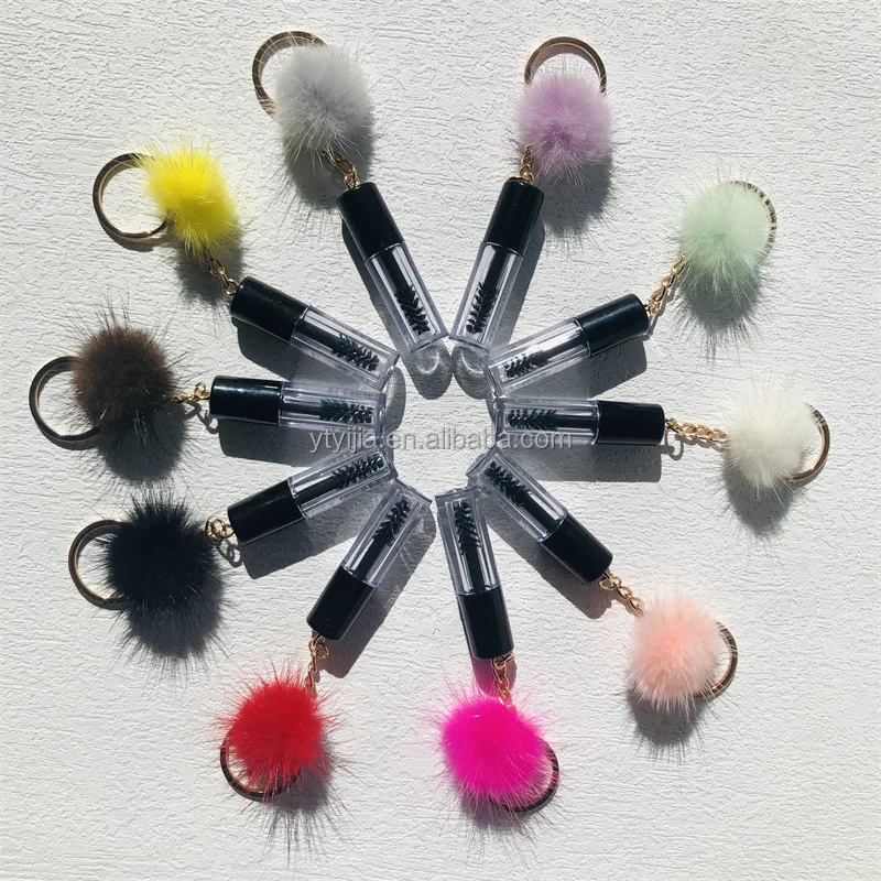 New Popular Vogue Mini Eyelash Brush Custom Logo Key Ring Mini Mascara Wand With puff ball Pink White Black