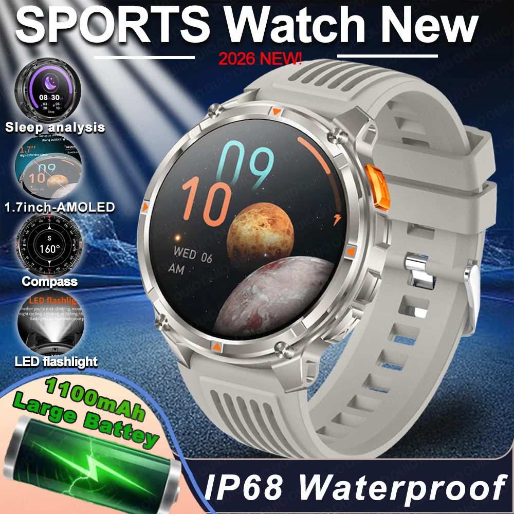 

GPS Outdoor Sports Smartwatches 1100mAh Large Battery LED Flashight Compass 3ATM Waterproof Bluetooth Call Smart Watch 2026 New