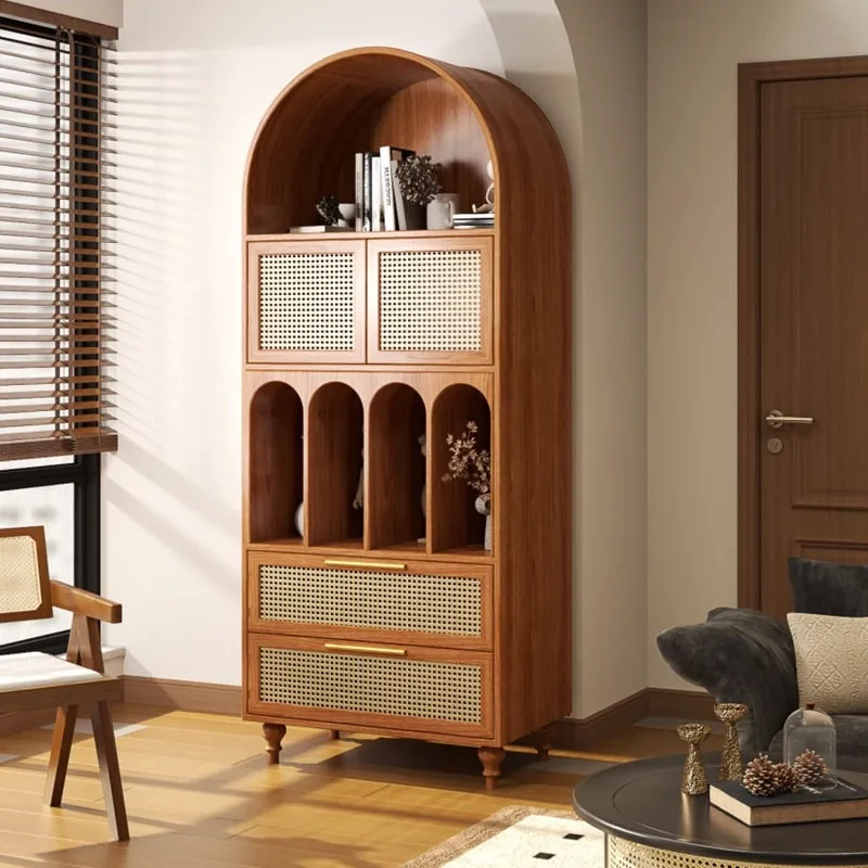 Medieval solid wood bookcase, rattan door panel storage cabinet