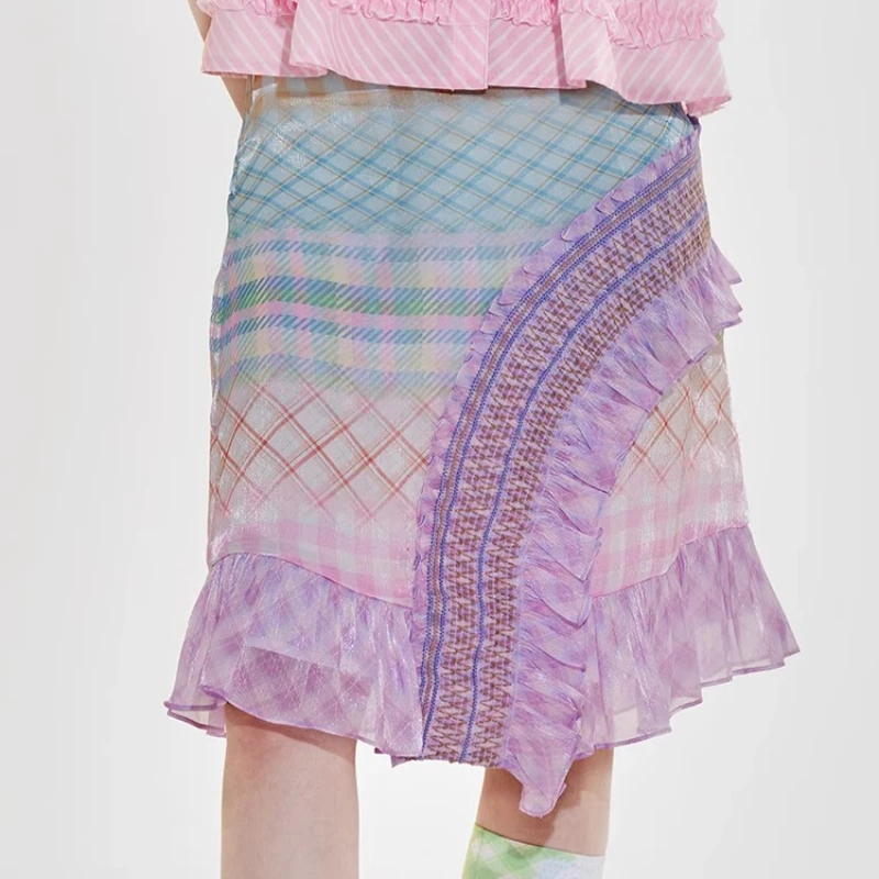 Summer New Thin Women's Short Skirt Japanese Original Gradual Change Plaid Purple Splicing Pleated Satin A-line Skirts Ladies
