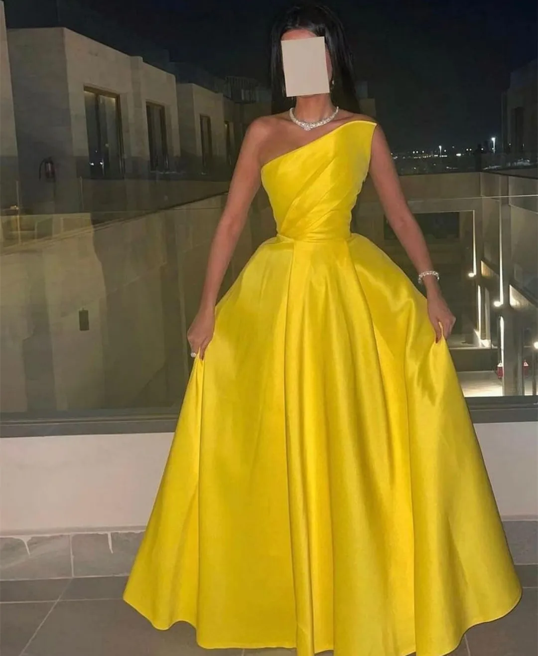 

Vintage One Shoulder Satin Evening Dresses With Pockets Long Yellow Custom Made فساتين السهرة Party Prom Gown for Women