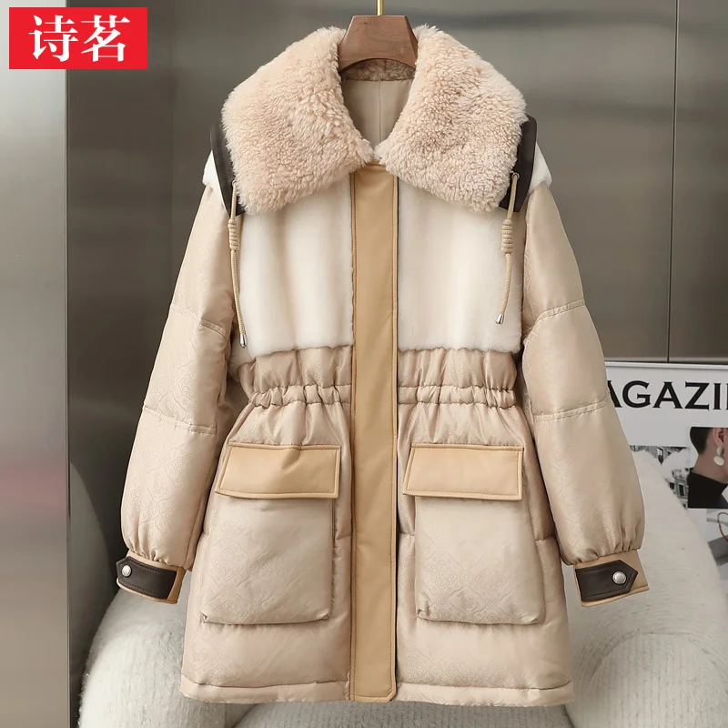 2023 Winter New Fashionable and Popular Mulberry Silk Embossed Goose Down Suit with Sheepskin and Wool Integrated Women's Fur