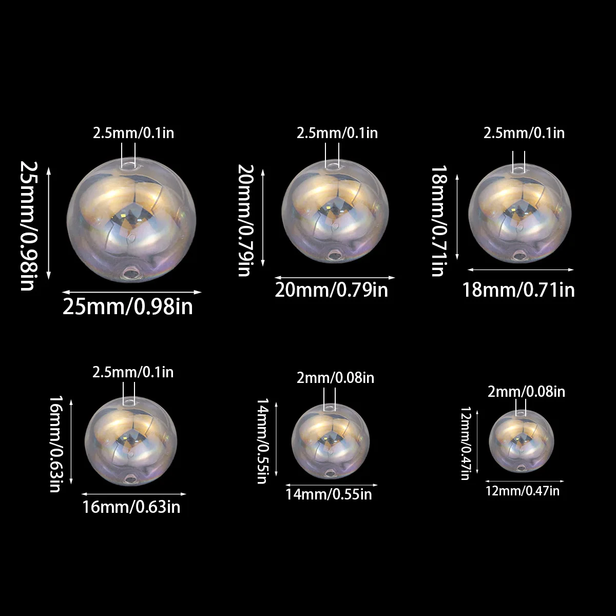 12/14/16/18/20/25mm 5pcs White AB Iridescent Double Hole Round Glass Beads For Jewelry Making DIY Bracelets Necklace Accessories