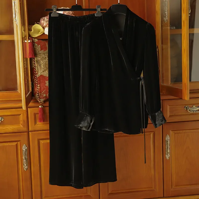 

Женский наряд, модный кардиган на шнуровке с v-образным вырезом и длинными рукавами + широкие брюки, костюмы, новые роскошные высококачественные бархатные комплекты из 2 предметов