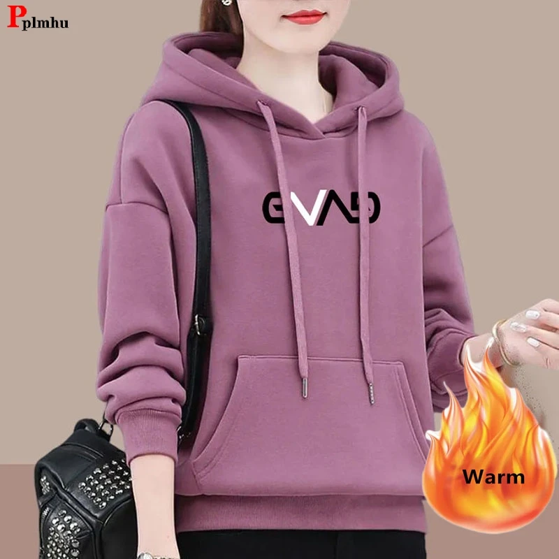 Winter Plush Lined Oversize 80kg Hooded Print Loose Sweatshirt Warm Casual Long Sleeve Tops Thick Woman New Fashion Hoodies