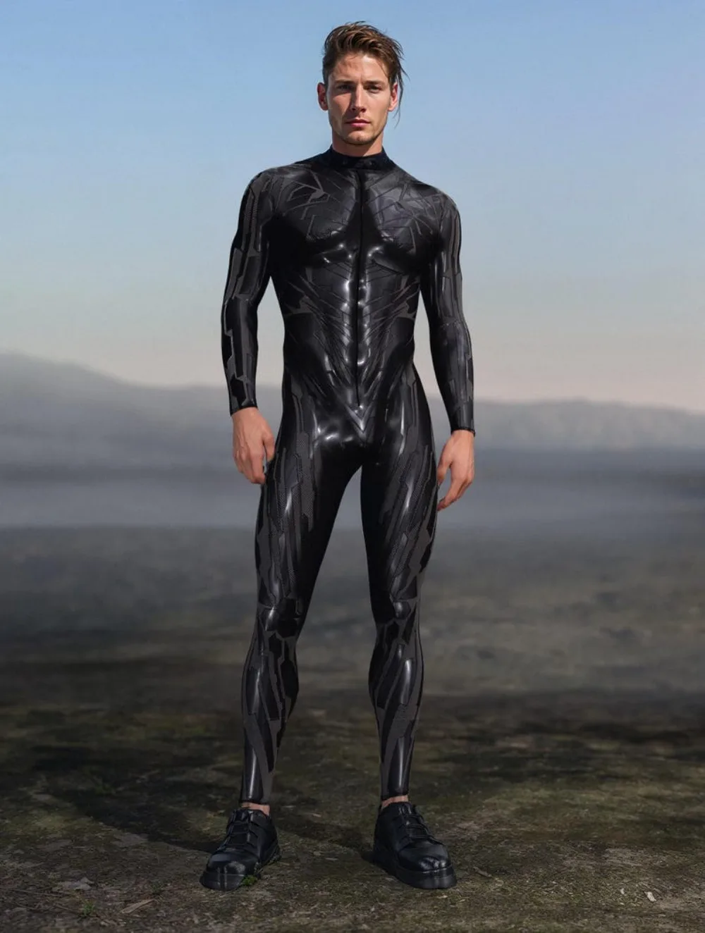 بدلة رجالية ميكانيكية سوداء مدرعة بدلة تنكرية مطبوعة على شكل فاسق أزياء الهالوين Steampunk المقاتلة Zentai بدلة أداء للحفلات رومبير