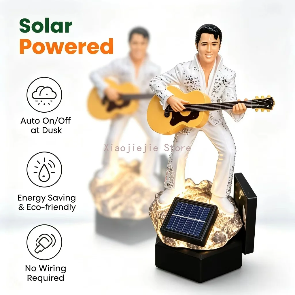 Vintage Elvis Singer Solar Garden Lamp Hand Painted Resin Sculpture Auto Dusk-On Waterproof Outdoor Yard Lawn Ornament for Music