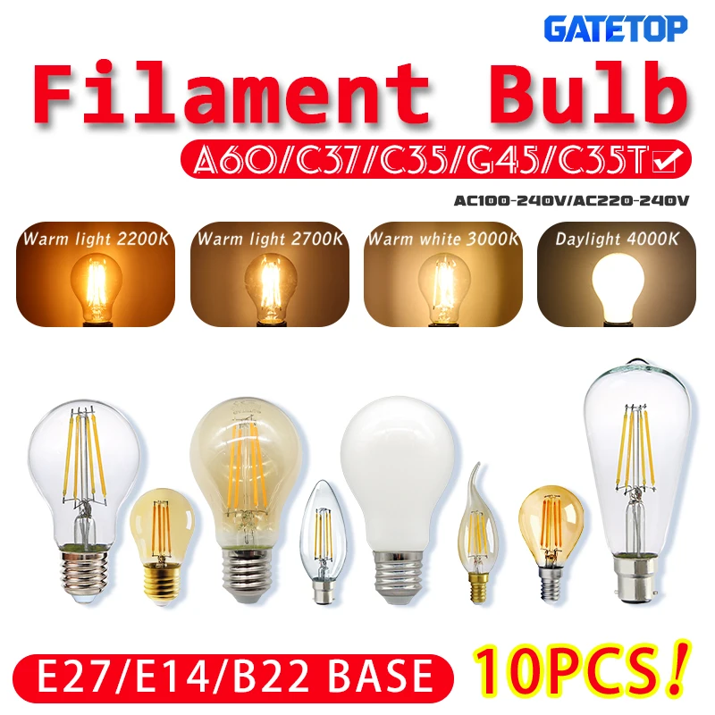 10PCS LED Edison Bulb Lamps E27 E14 B22 2700K 3000K 4000K Lighting 220V Filament Vintage Ampoule Incandescent Edison Bulbs Lamp