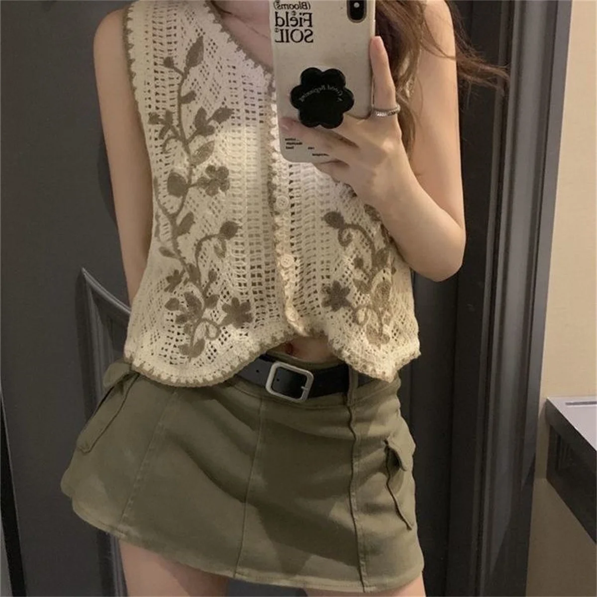 Cardigan  Vest  Women   Fashion  Summer  Cotton  Sleeveless  Embroidery   Flroal   Stripe    Hollow   Vest  Casual