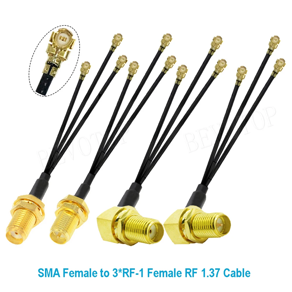 10PCS RF1.13 Cable Splitter SMA / RP-SMA Female to 3 x MHF4 Female Jack 1 to 3 Adapter Combiber 1.13 Pigtail Extension Jumper