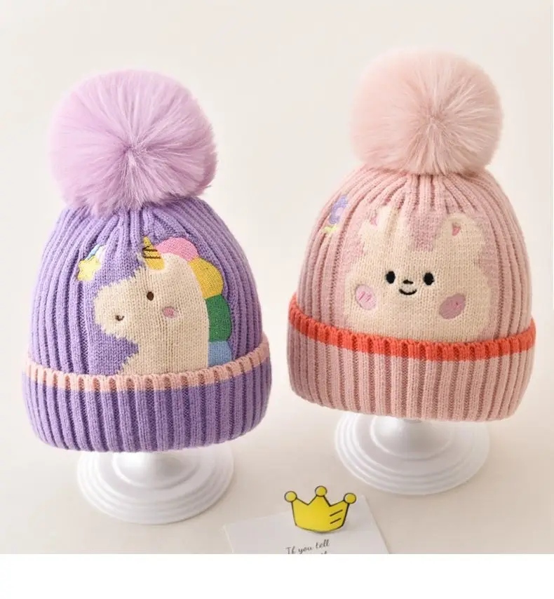 South Korea American Children's Winter Knitted Hat Cartoon Dinosaur Hairball Hats Boy Girl Wool Cap Kids Warm Windproof Caps 2-8