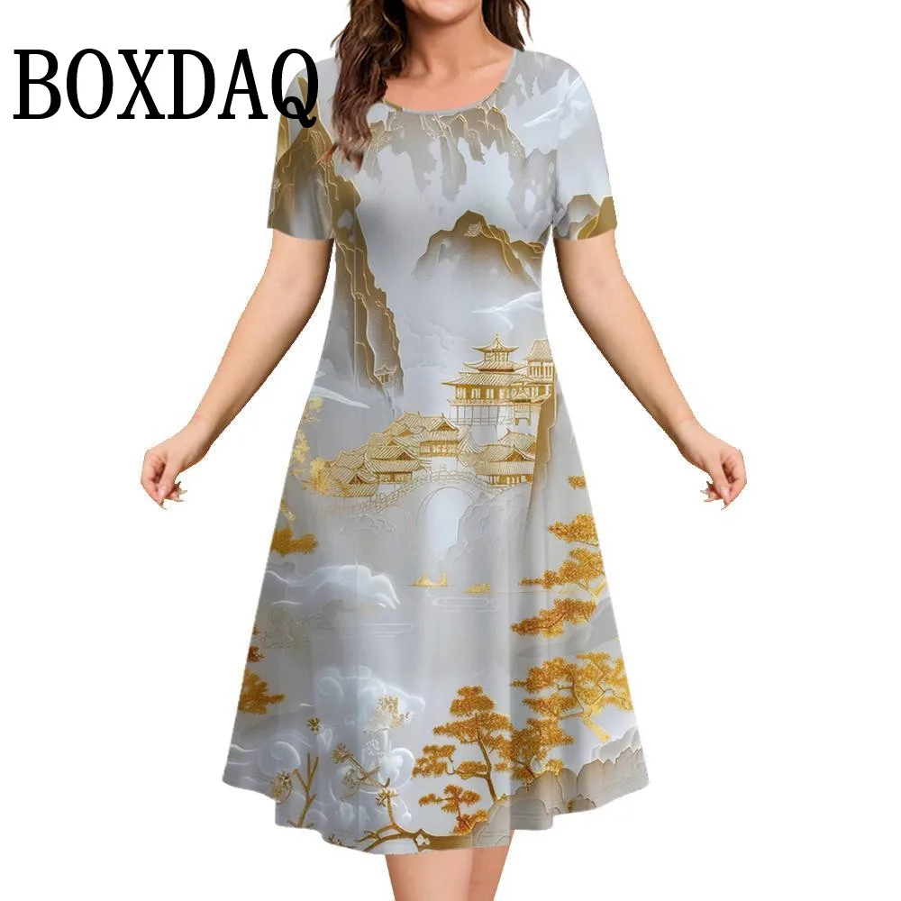 Ropa de mujer con estampado 3D de paisaje de mármol, vestidos de fiesta elegantes de manga corta de verano, vestido informal holgado con pintura acampanada y cuello redondo