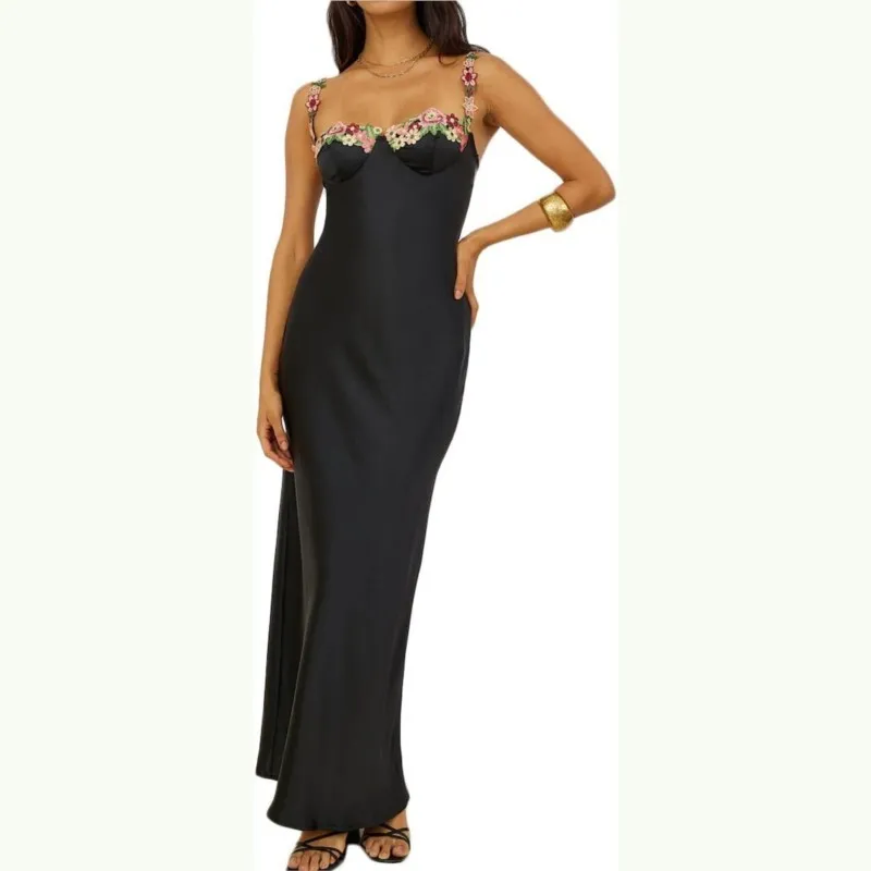 Vestido largo de satén con encaje bordado y tirantes para mujer, vestido Sexy sin mangas de estilo francés, cintura alta, corte en A