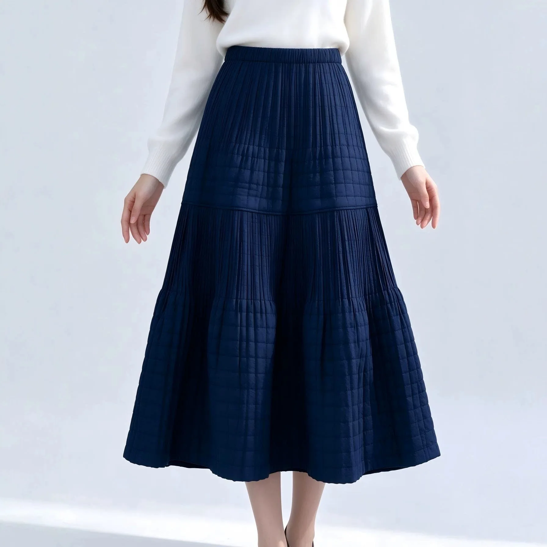 Miyake Women Tiered Pleated Midi Skirt Elastic High Waist Grid Texture A Line Long Skirt Autumn Winter Elegant Ladies Skirt