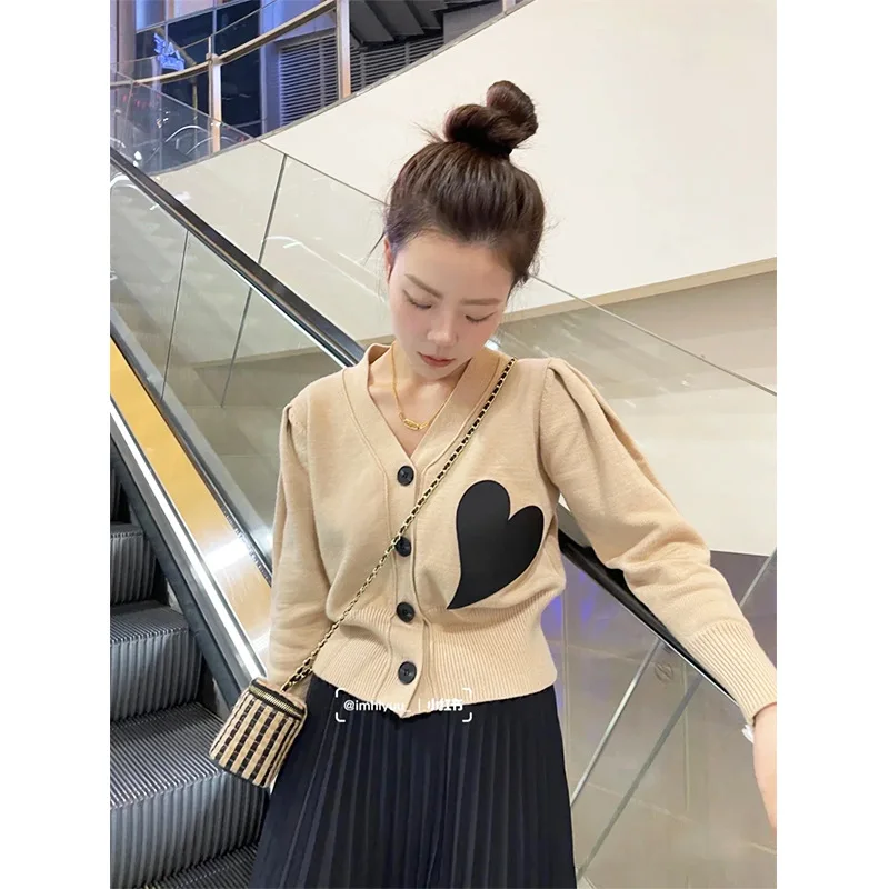 2022 V Neck Sweater Cardigans Spring Chic Love Decoration Loose Knitcoat Long Sleeve Short Knitted Cardigan Roupa Feminino