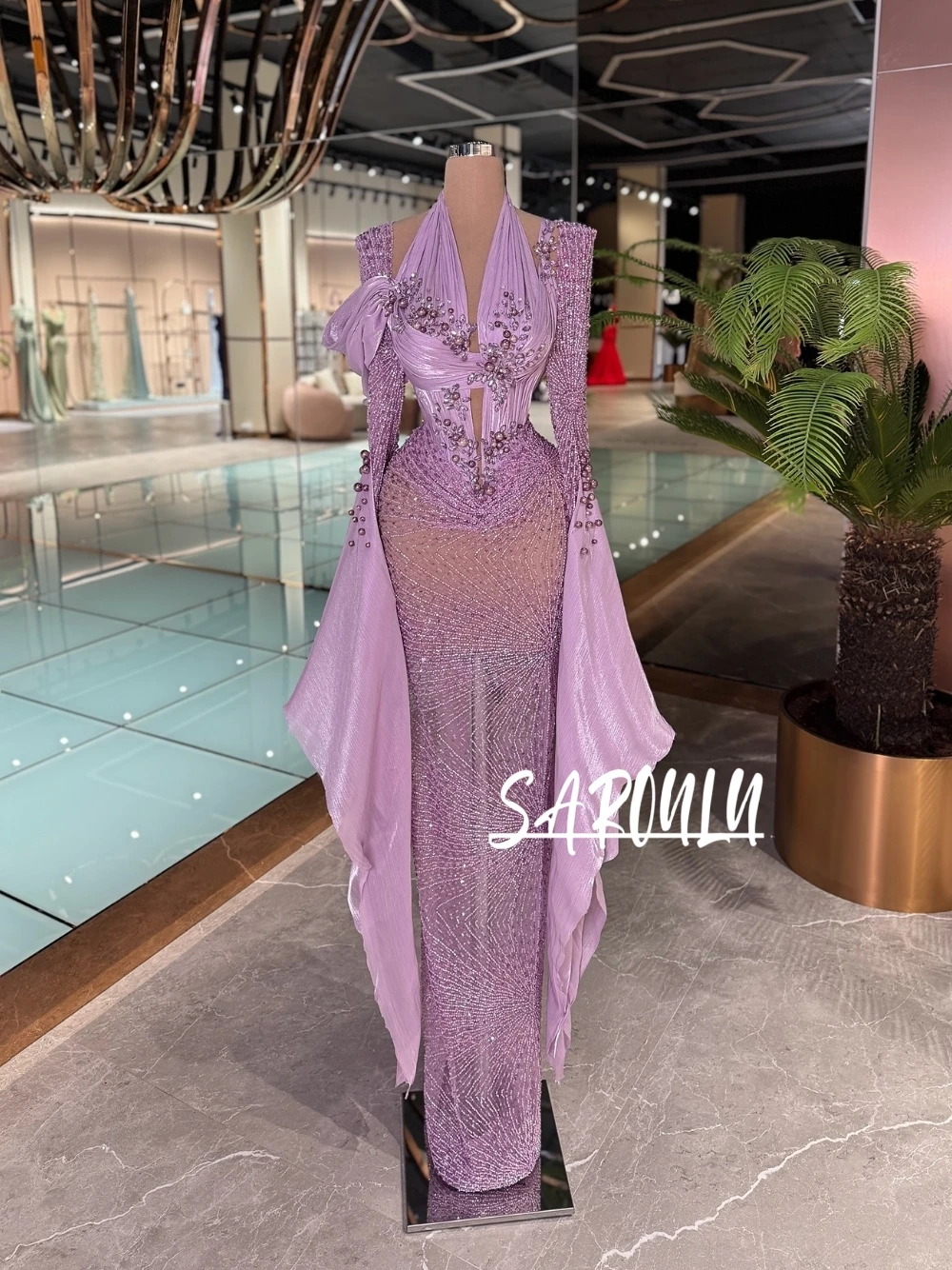 

Роскошное лавандовое вечернее платье с лямкой на шее, украшенное жемчугом и кристаллами ручной работы, облегающее платье с длинными рукавами, торжественное платье для выпускного вечера, ужин