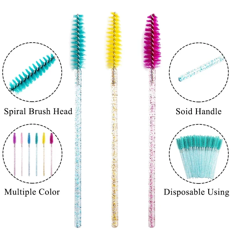 Brosse de maquillage jetable pour cils en cristal, bonne qualité, manche en diamant, baguettes de Mascara, outil d'extension de cils, 50 pièces/paquet