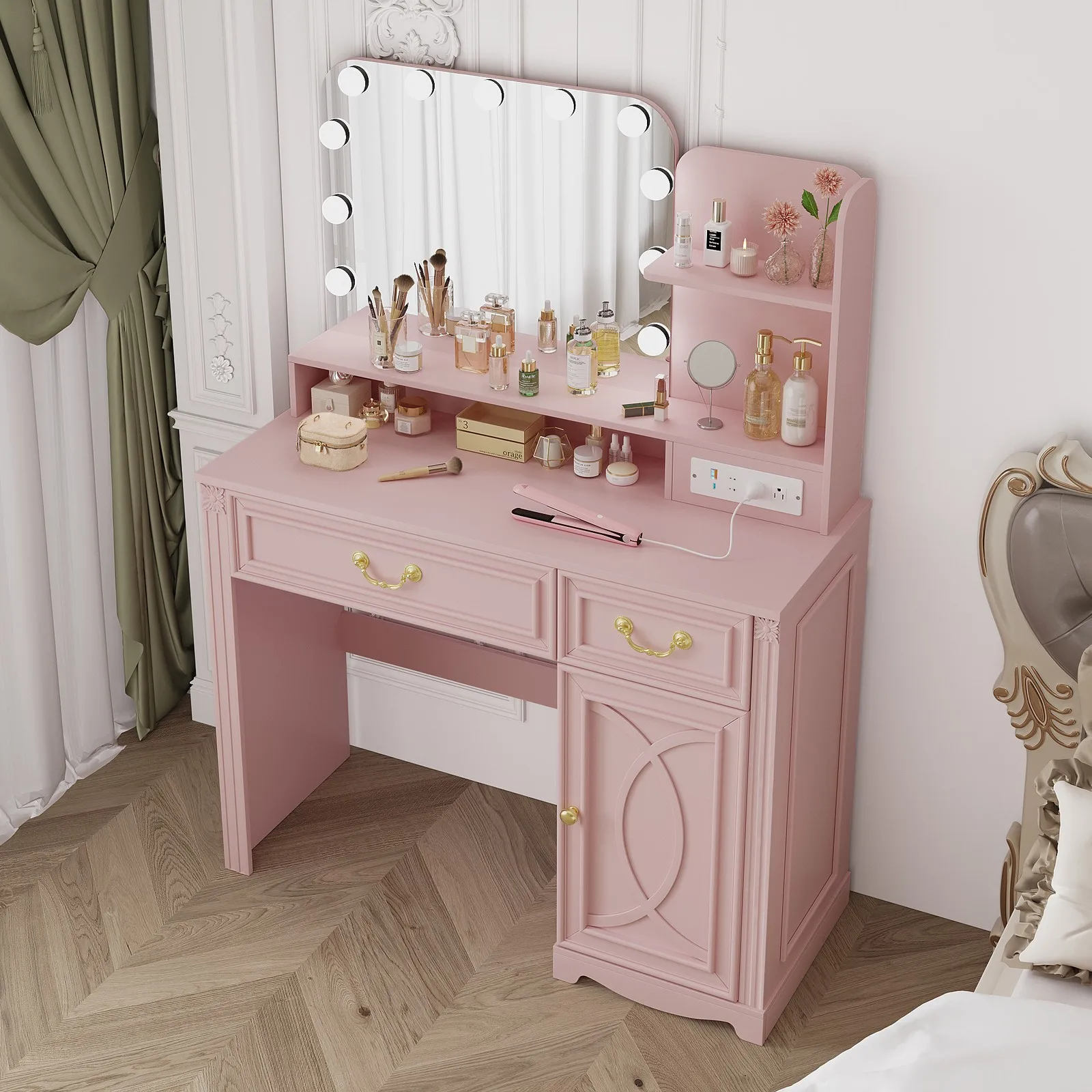 Tocador de maquillaje Escritorio de tocador con toma de corriente de espejo LED y 2 cajones Mesa de maquillaje moderna para organización de belleza