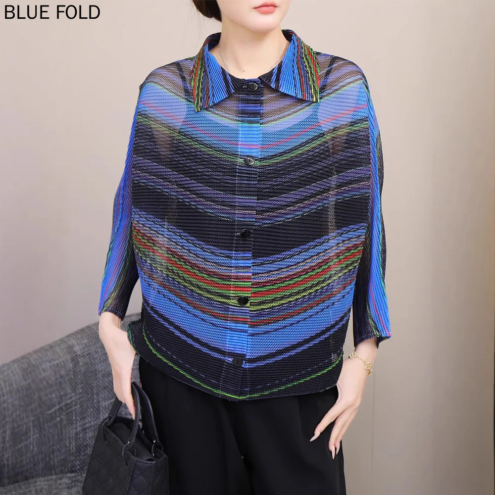 

MIYAKE New Mesh Tops Lapel Cardigan Single-breasted Striped Retro Casual Fashion Versatile Air-conditioning Shirt