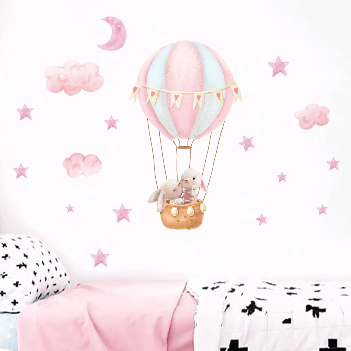 Cartoon Cute Rabbit Pink Balloon Clouds Wall Stickers for Kids Room Decor Children's Living Room Nursery Wall Decoration