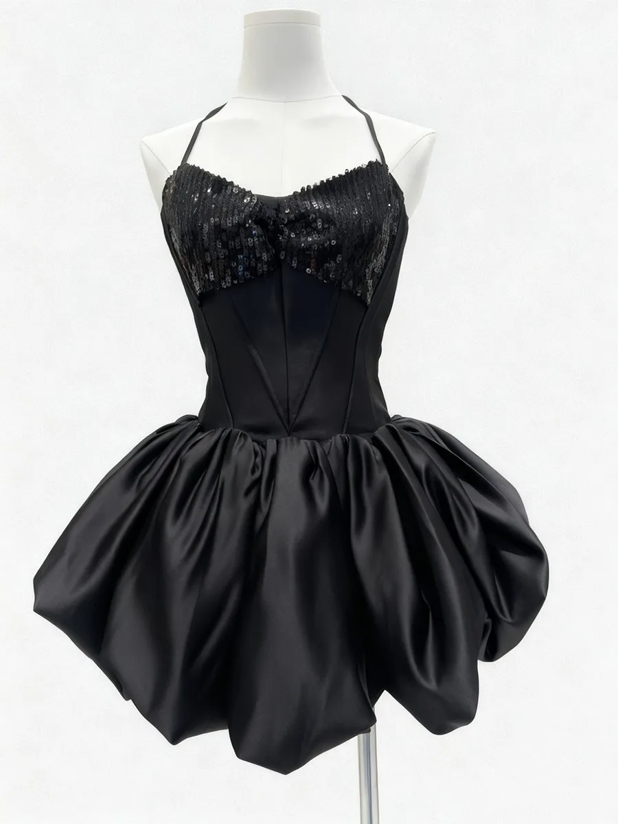 TWOTWINSTYLE Fashion Spliced Sequins Mini Dresses for Women Halter Sleeveless High Waist Patchwork Strap Elegant Dress Female