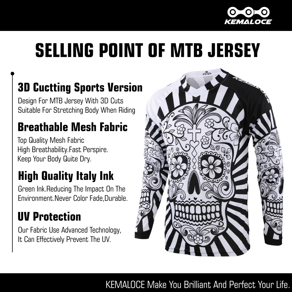 KEMALOCE MTB Jersey Men Long Sleeves White&Black 2024 Motocross Jersey Summer Breathable Adult Skull Offroad DH Downhill Shirts