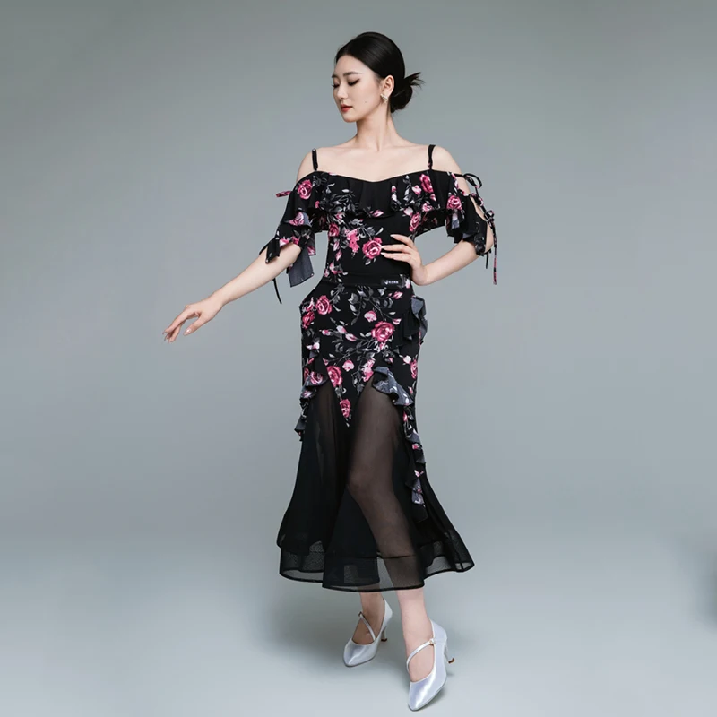 2025 Ballroom Dans Kleding Vrouwen Prestaties Kostuum Walsdans Jurken Lotusblad Tops Mesh Rok Volwassen Oefenkleding