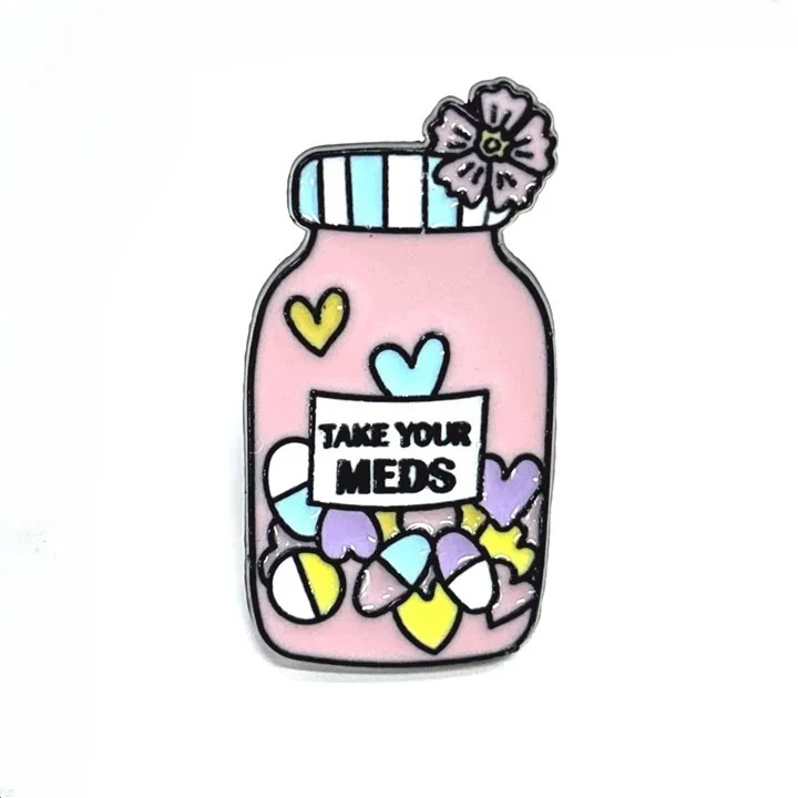 Enamel Pin Take Your Meds Pink Pill Bottle Metal Brooch Flower Heart Medicine Jar Badge Jacket Decor
