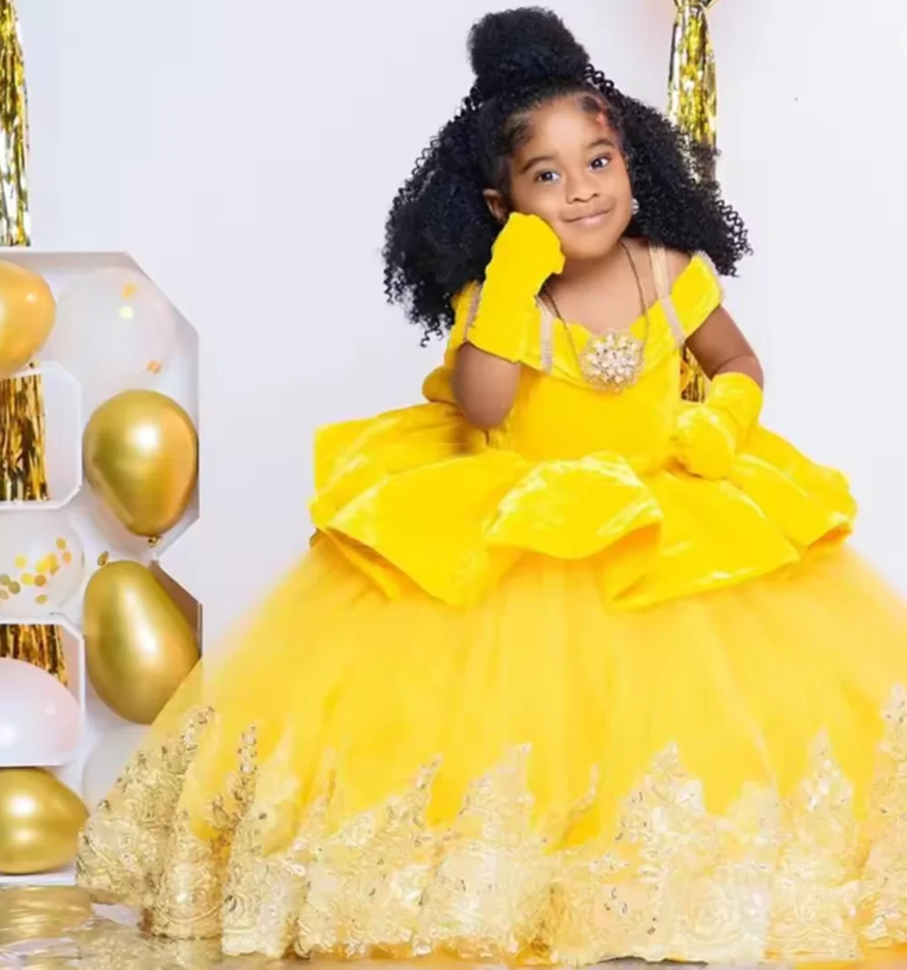 

Yellow African Flower Girl Dresses Customized Princess Kids Lace Ball Gown Girls First Birthday Party Dress