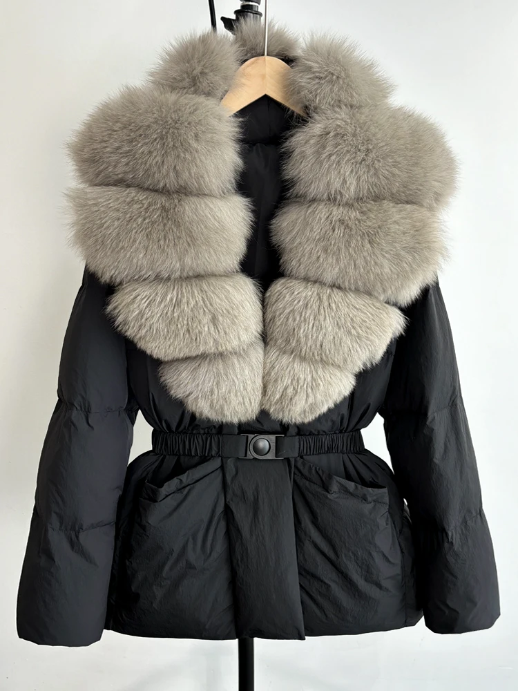 Lagabogy 2025 Large Real Fox Fur Winter Belt Waist-Tight Elegant Warm 90% White Duck Down Jacket Female V-neck Loose Puffer Coat