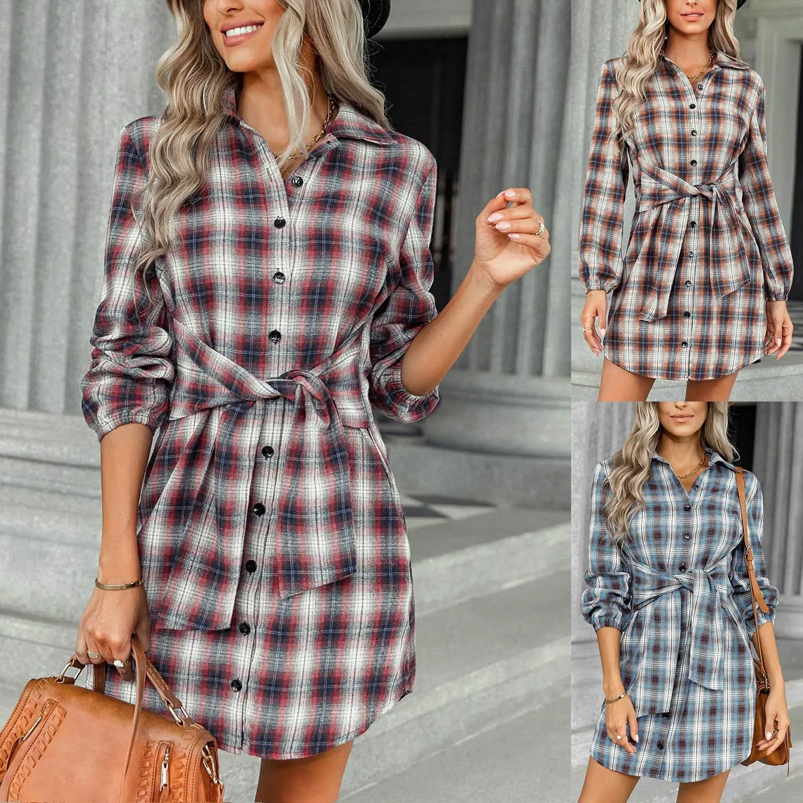 Frauen Casual Gürtel Hemd Kleid Femme Mode Langarm Henley Farbe Block T Plaid Tunika Tops Kleid Herbst Lange Shirts bluse