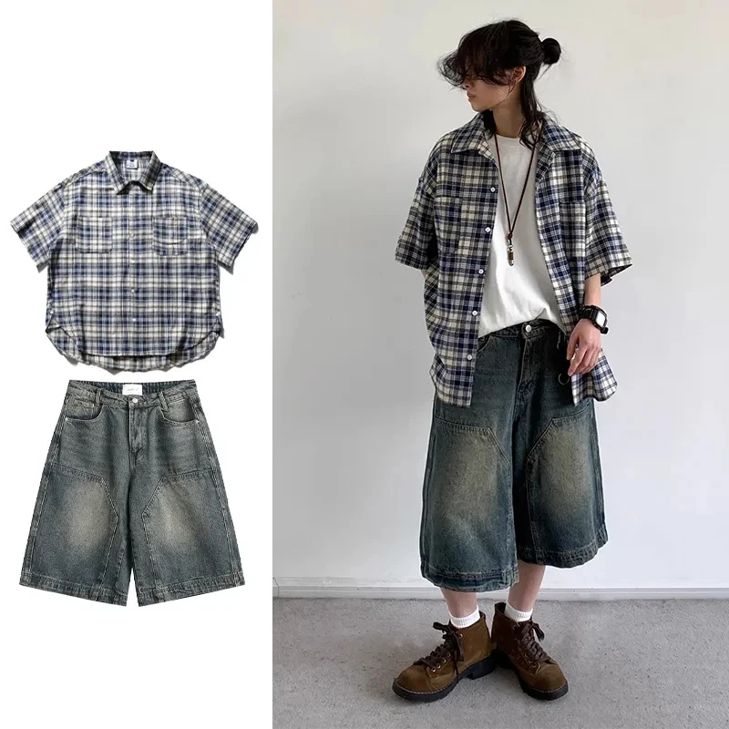 Japanese Youth Style Men Women Plaid Patch Pocket Short Sleeve Shirt Denim Capri Shorts Casual Outfit Set - view 3