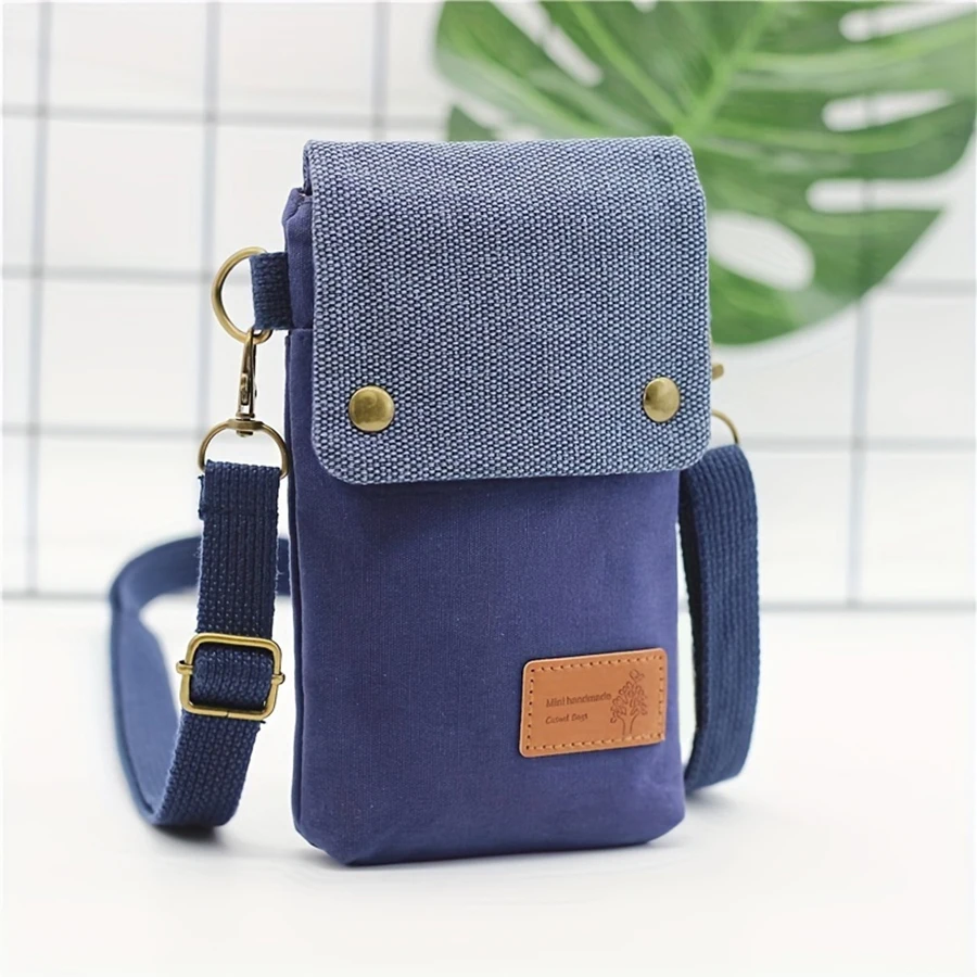 Solid-color canvas three-layer diagonal cross-body phone bag, fashionable macaron cross-body bag, wallet, single-shoulder bag