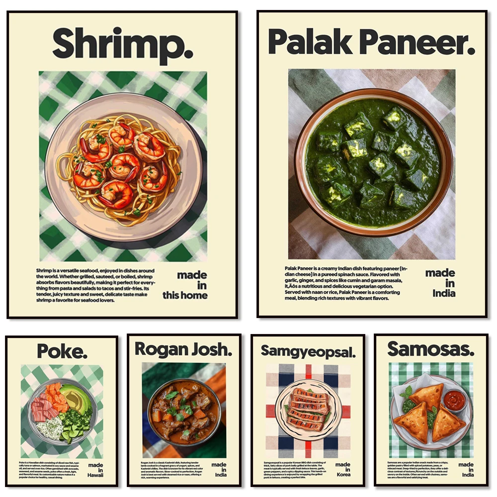 Grilled shrimp, schnitzel, curry, Korean barbecue, ramen, tortillas, beef patties, chicken pho, paella, baking art food posters