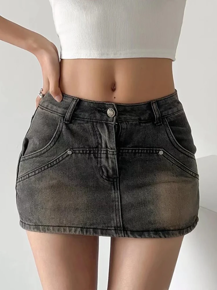 DEAT Fashion Women A-line Skirt spliced UltraShort Denim Pocket High Waist Slim Solid Color Skirts Spring 2025 Trend New 17A5641