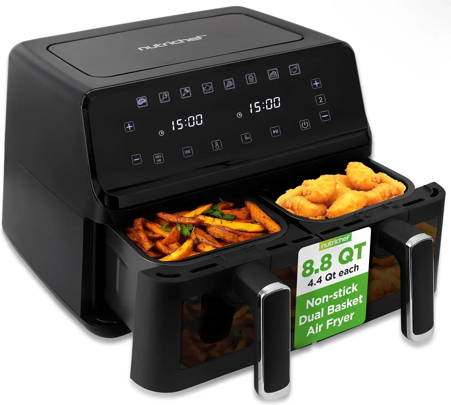 Double Basket Air Fryer 8.8 QT | Family Size Oil Free Digital Cooker with Transparent Window | 9-1 Preset Cooking Options