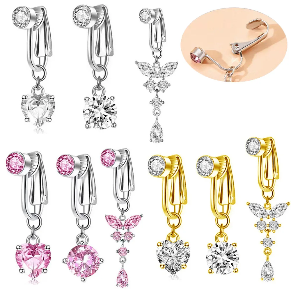 

Faux Fake Belly Piercing Ring Heart Butterfly Dangling Fake Belly Button Clip On Umbilical Navel Cartilage Earring Clip Jewelry