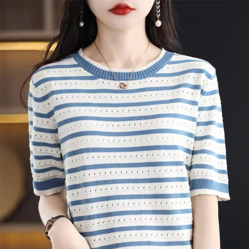 New spring and summer striped women\'s T-shirt short sleeve round neck hollow loose slimming sweater