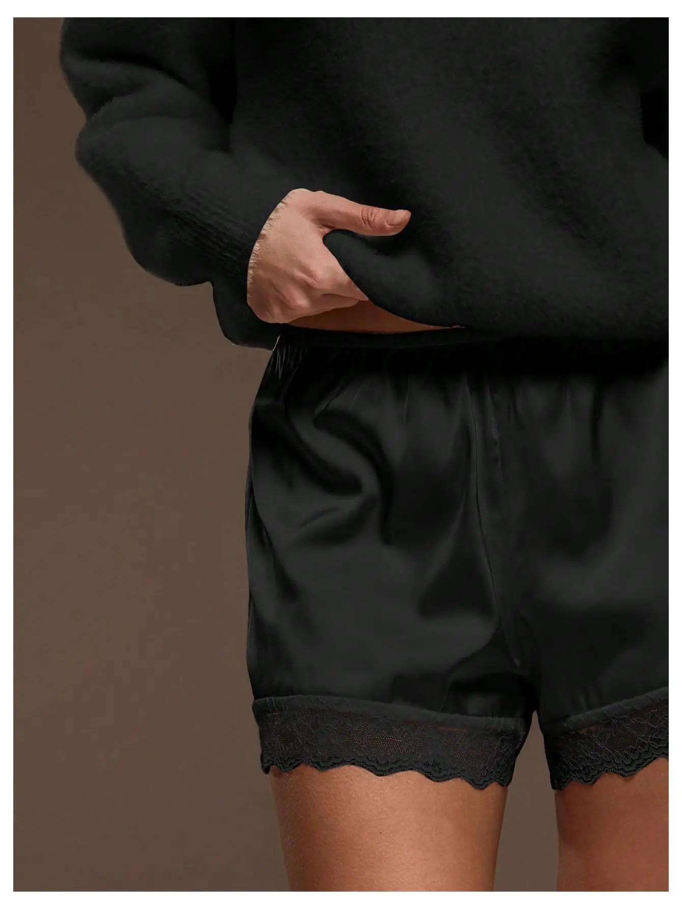 2026 European American women's solid-color lace-edge satin shiny stretch waist mini shorts, French style shorts