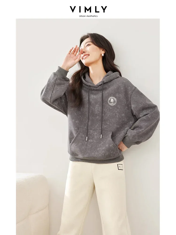 Vimly Khaki Fleece Thick Hoodies Women 2023 Winter Letter Hooded Sweatshirt Casual Loose Pullovers Women's Long Sleeve Top M5621