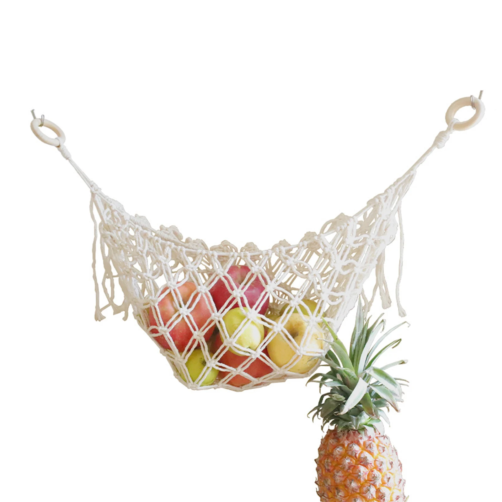 Handwoven Fruit Hammock White Cotton Hanging Storage Basket Space Saving Home Kitchen Net Pocket Decoration