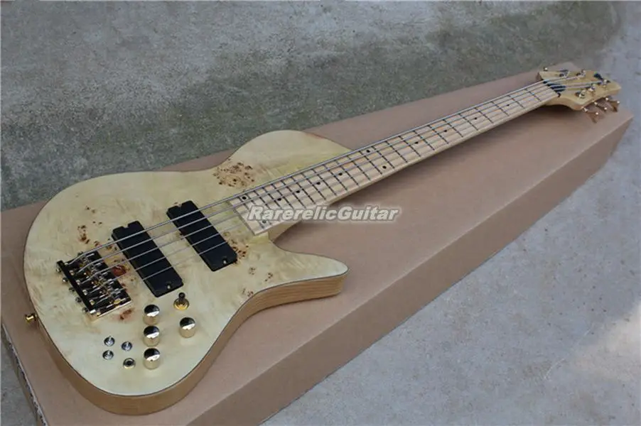 

​Fode 5 Strings Burl Natural Wood Spalted Maple Top Electric Bass Guitar Ash Body Maple Neck Abalone Butterfly Gold Hardware