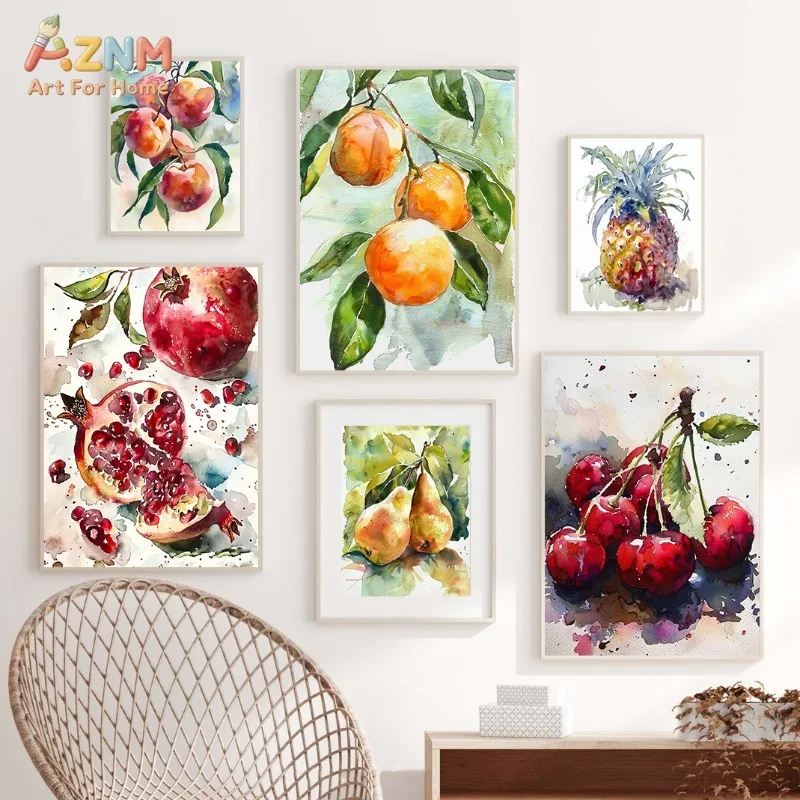AZNM Watercolor Fruits Pomegranate Orange Pineapple Canvas Wall Art Print Decor