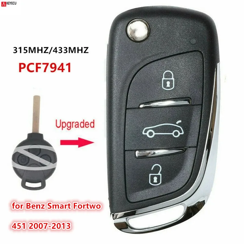 Verbesserter Klappbarer Autoschlüssel-Fernbedienung 3-Tasten 315/433MHz PCF7941 für Benz Smart Fortwo 451 2007 2008 2009 2010 2011 2012 2013