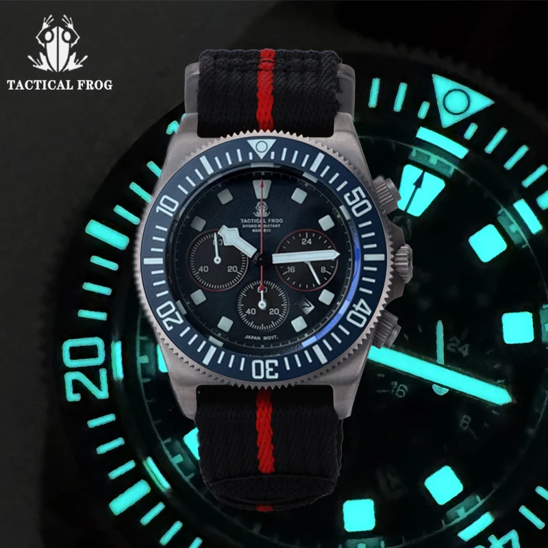 Tactical Frog FXD Men Titanium Sports Diving 20 ATM Watch Chronograph VS75B Solar-Powered Quartz Movement Watch BGW9 Mens Watch