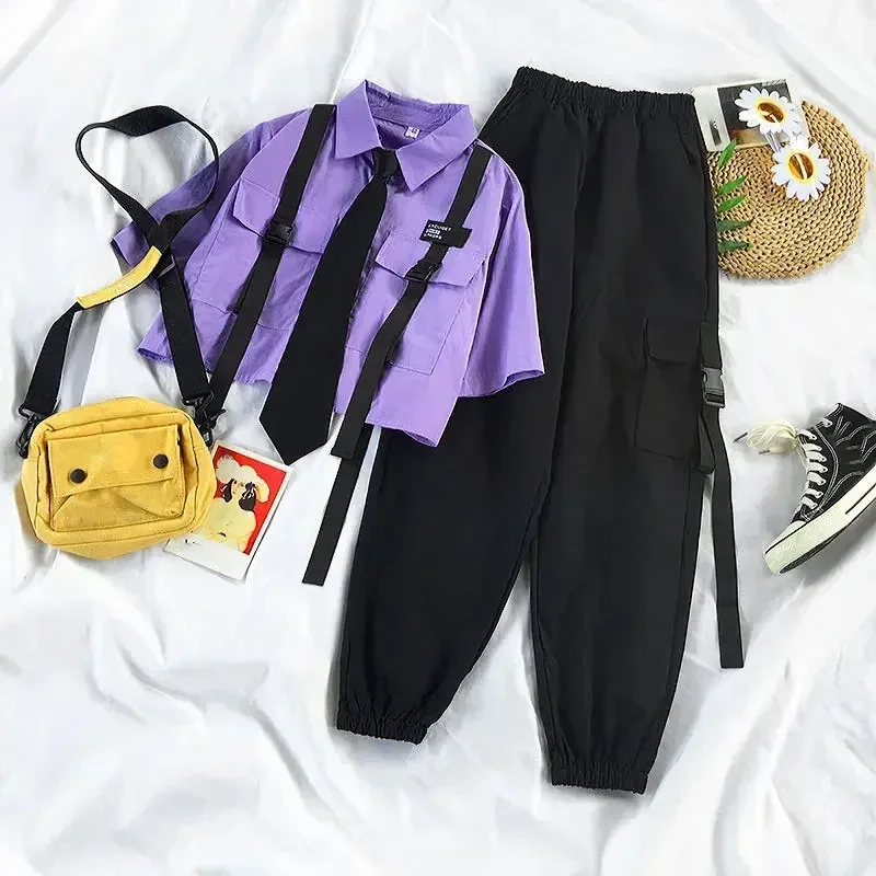 Summer Pants Suit Women's Korean Loose Tie Short Sleeve Shirt High Waist Straight Leg Overalls 2 Piece Sets Streetwear Outfits