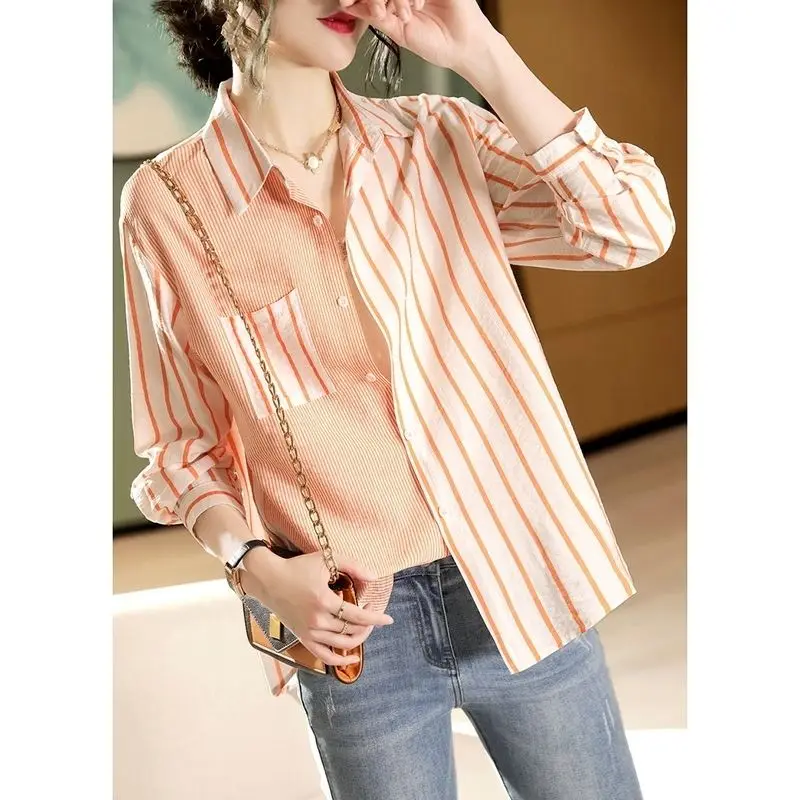 Stylish Asymmetrical Striped Button Shirt Female Spring Summer New Contrasting Colors Spliced Ladies Long Sleeve Pockets Blouse