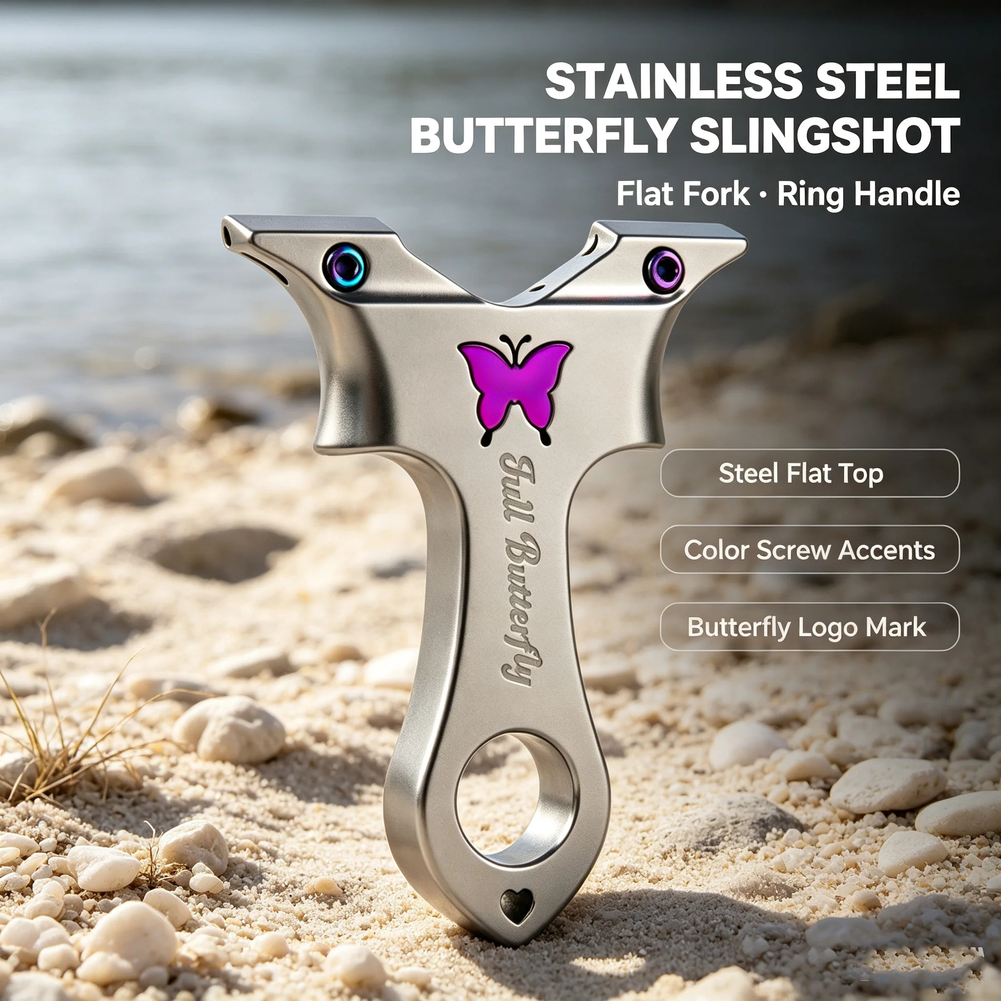 Stainless Steel Slingshot Top Clamp Pointed Tips Purple Butterfly Finger Ring Outdoor Practice