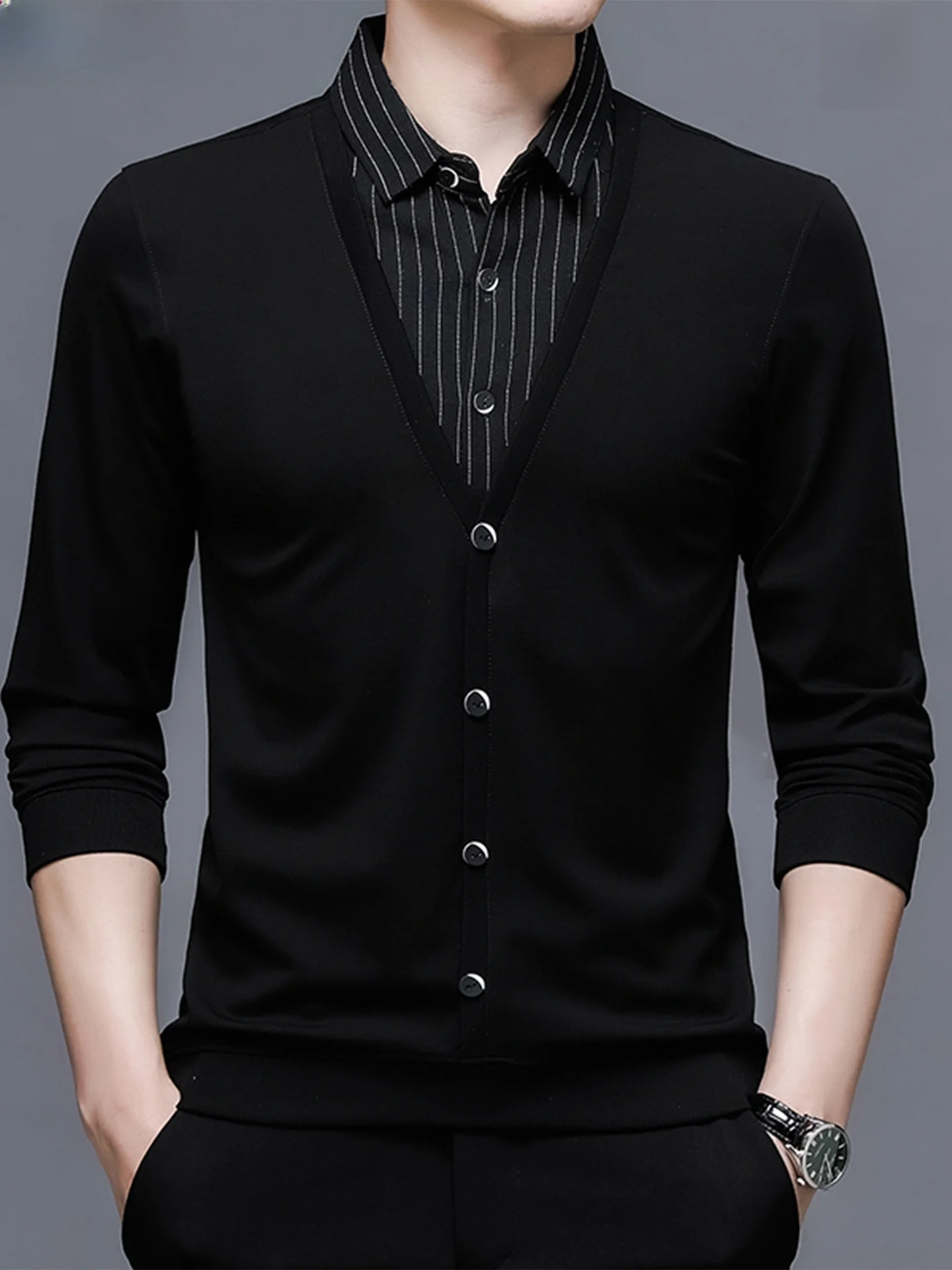 

Busin Casual Mid-Year Dad irt Men's Loose Fit Long Sve T-irt Collared Base Layer Top Polyester Fiber Waed Sle