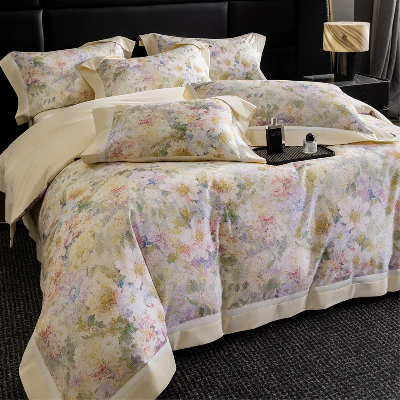 Premium 100% Cotton Brushed Bedding Set Flowers Prints Oil Painting Style Duvet Cover Flat/Fitted Bed Sheet Pillowcases 4Pcs